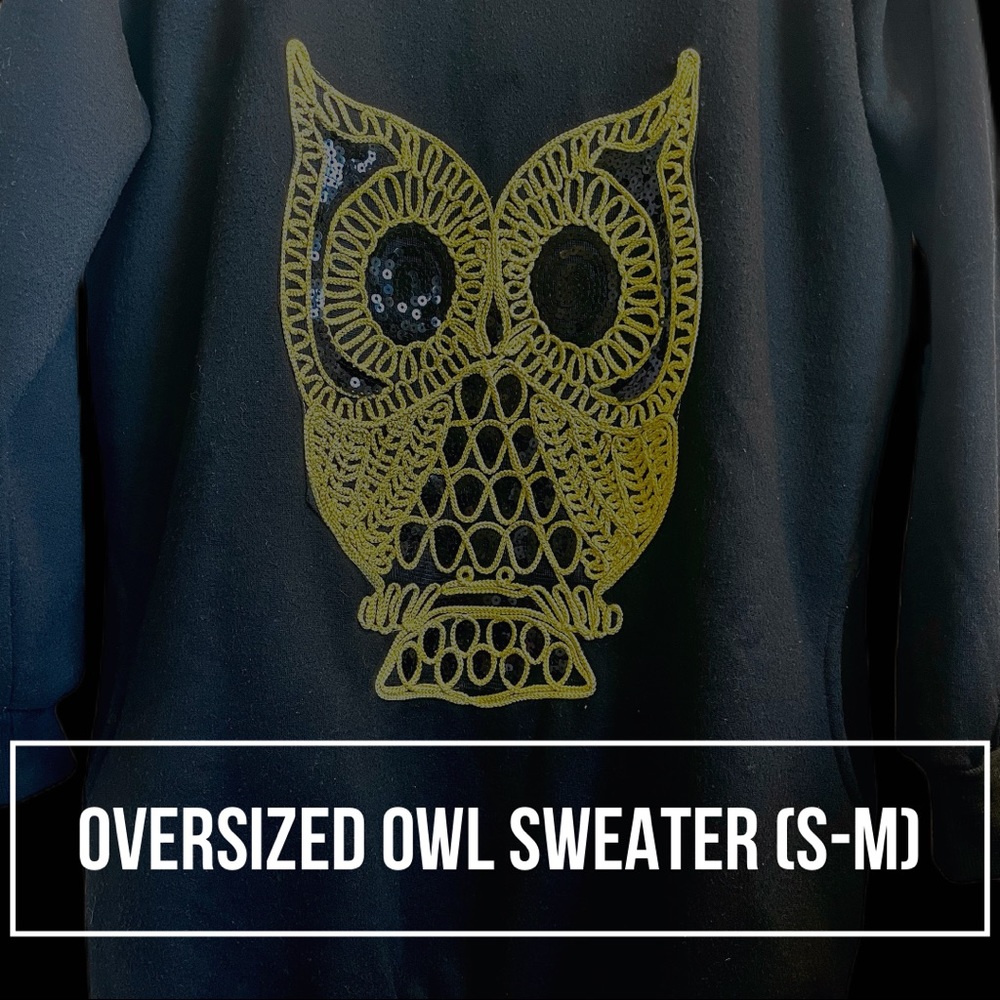 Oversized Owl Pullover Sweater with Sequin Detailing (S-M)